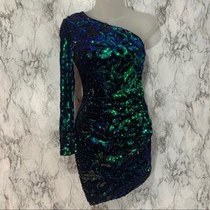 Parisian Sequin Blue Green One Sleeve Dress size 2